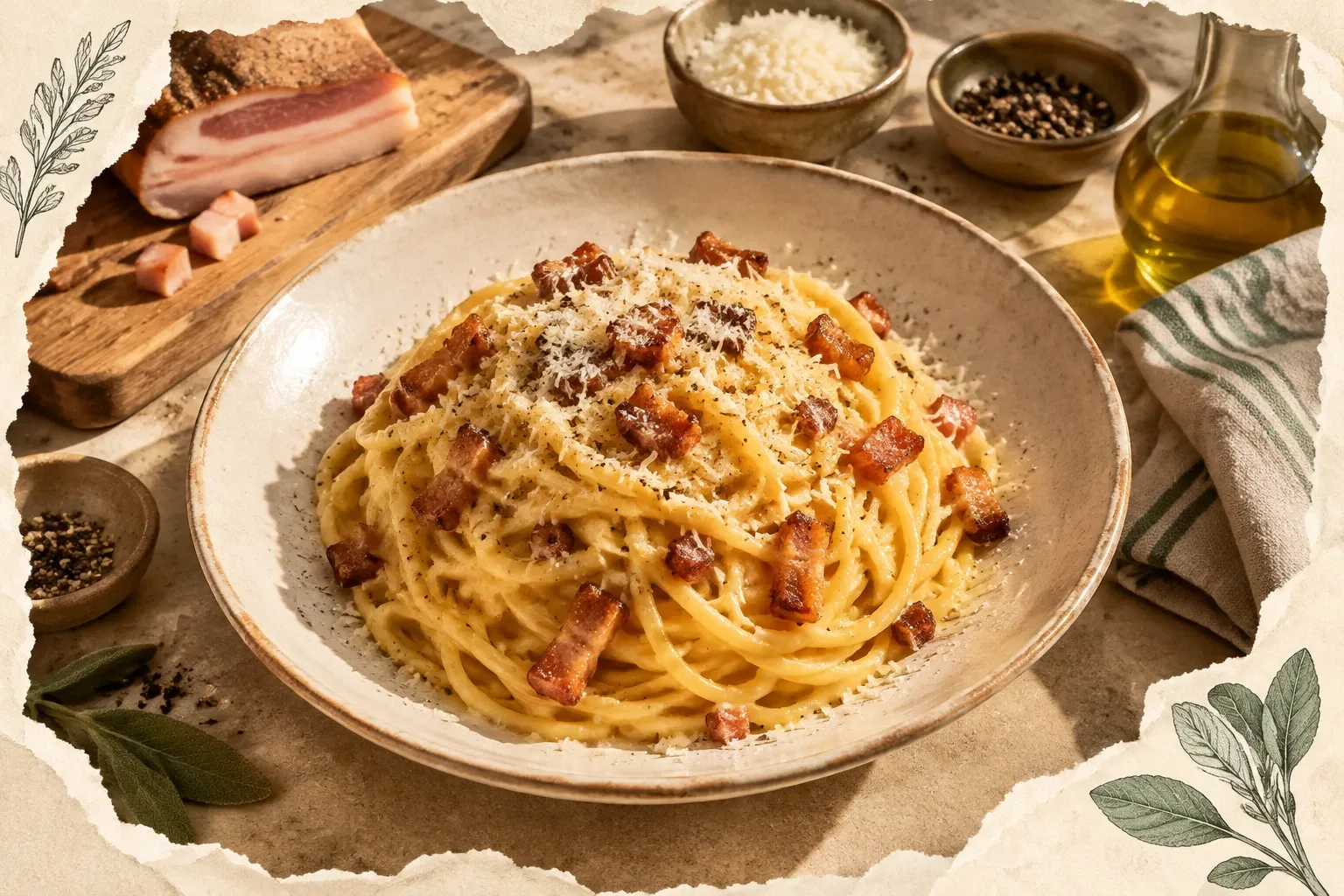 Piatto di spaghetti alla carbonara cremosi con guanciale croccante e pecorino grattugiato