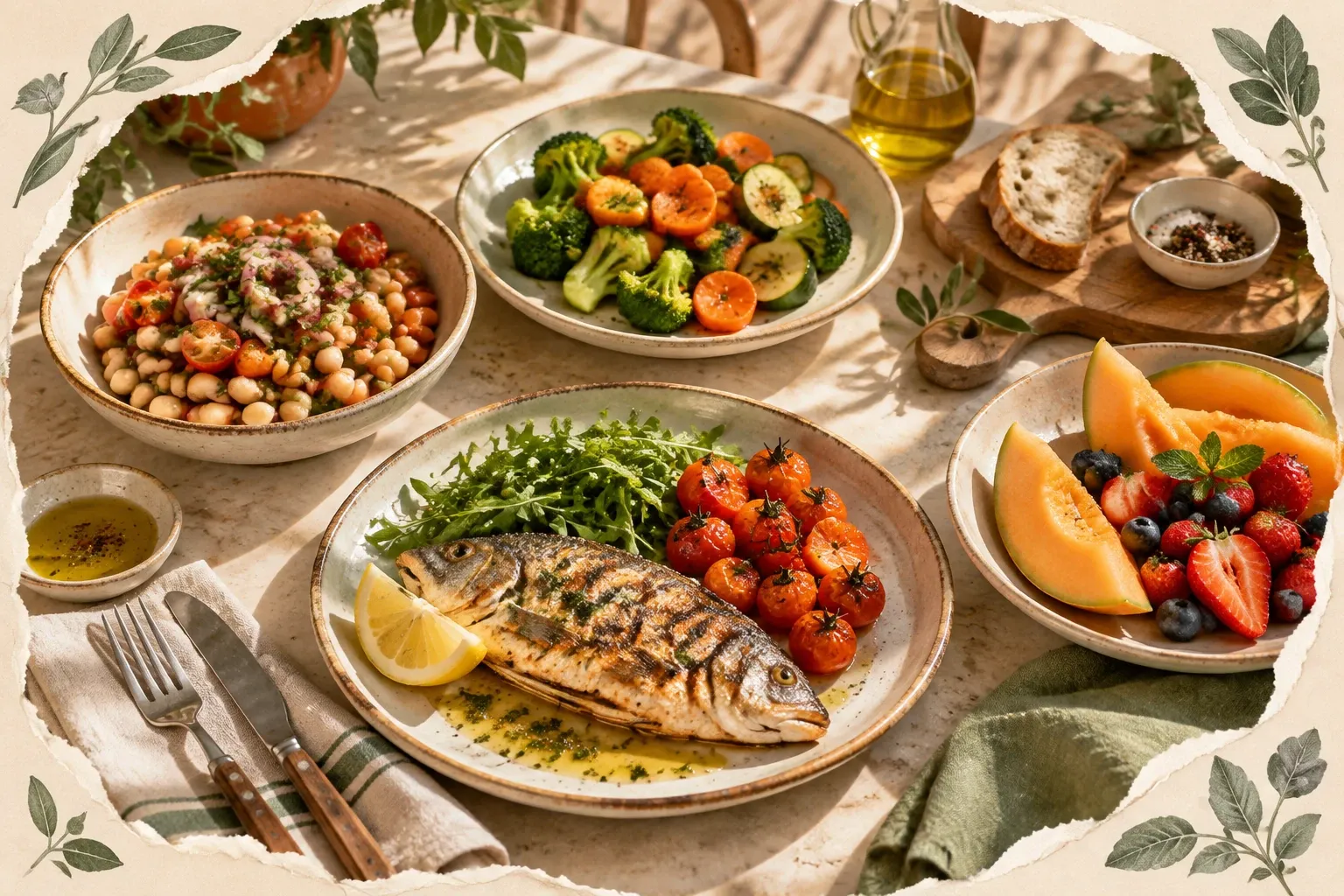 Orata grigliata con pomodorini, rucola, ceci, verdure e macedonia fresca