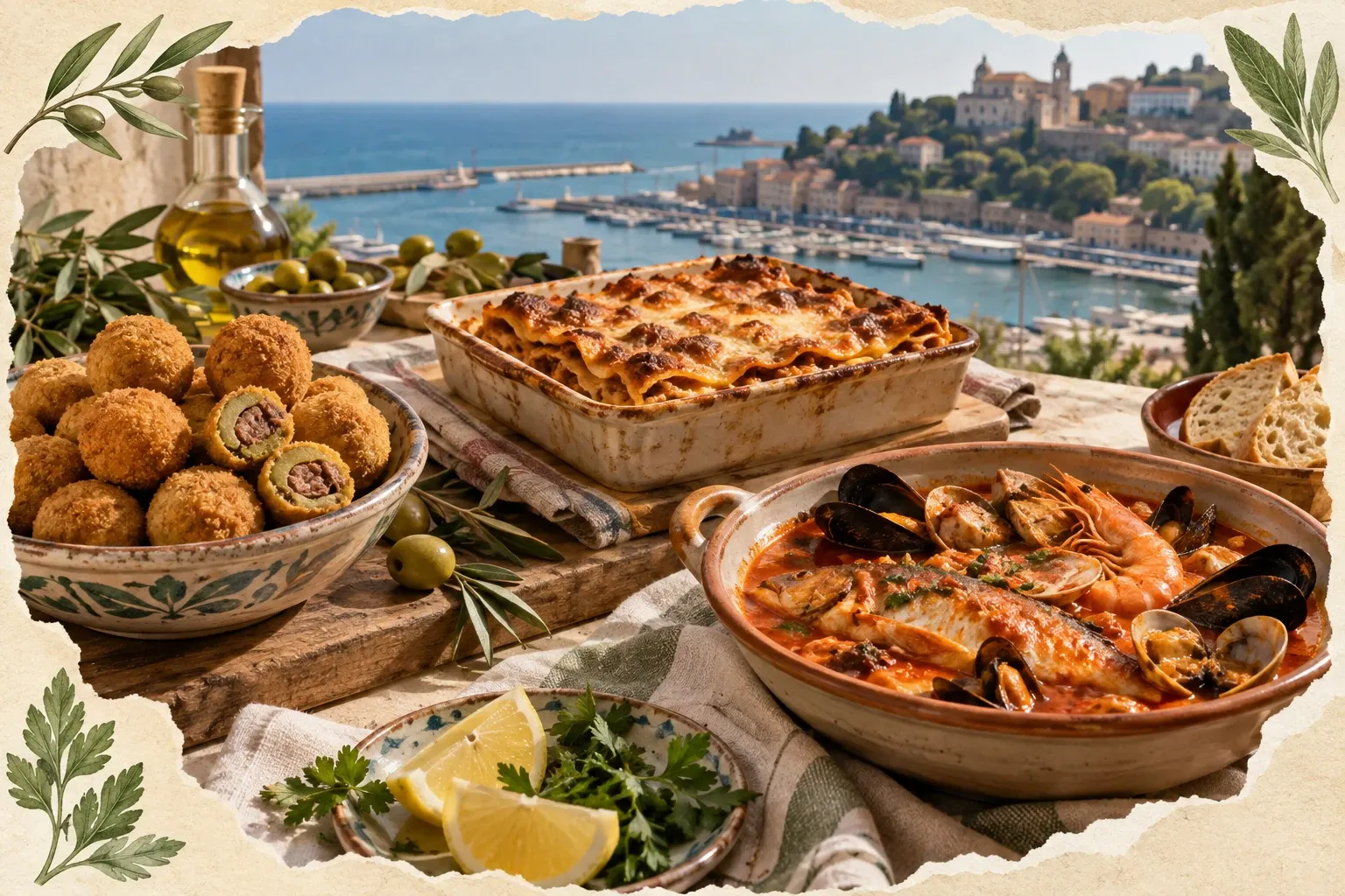 Vassoio di brodetto di pesce, teglia di lasagne e olive all'ascolana su tavolo vista mare