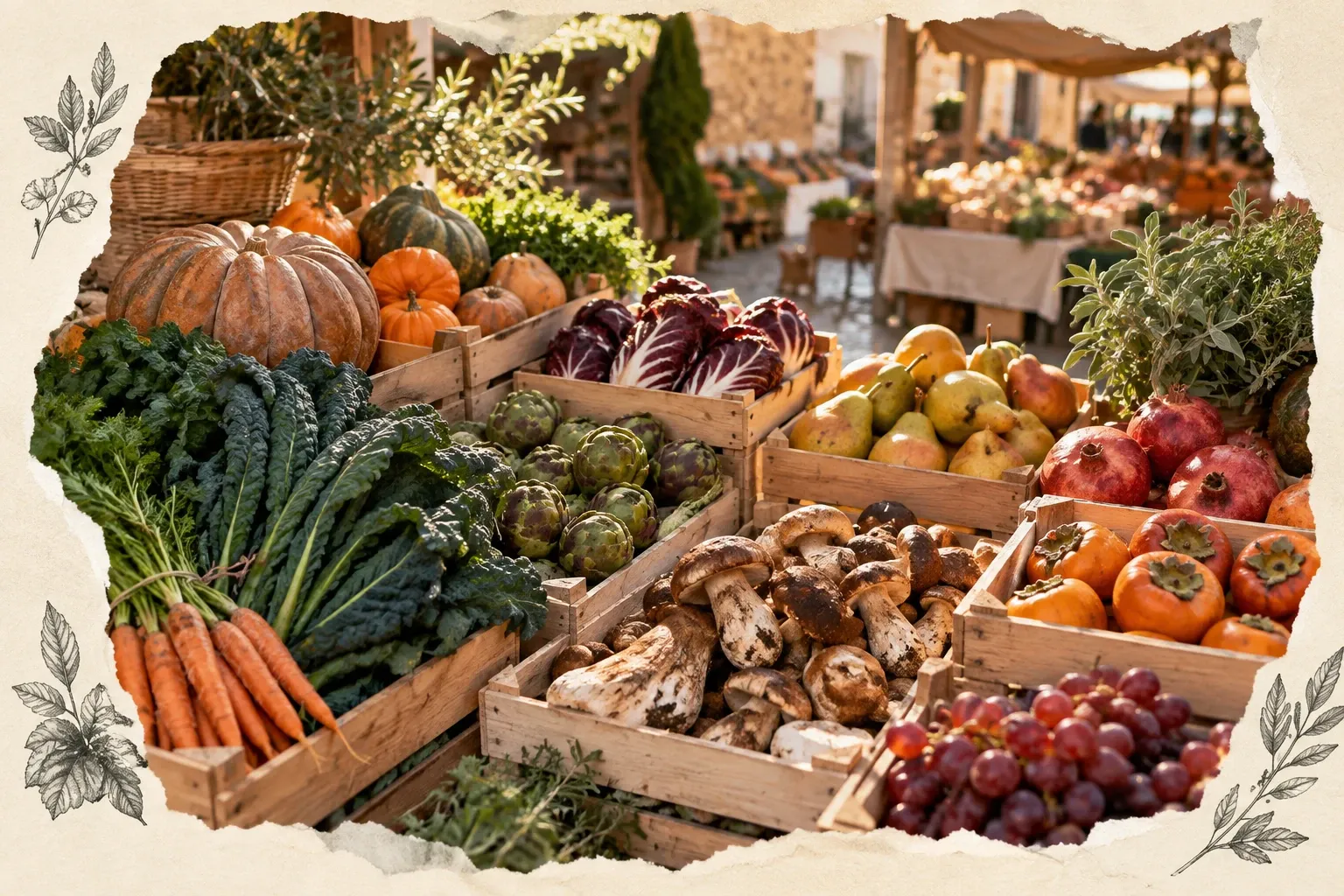 Cassette di verdure e frutta di stagione: zucche, cavolo nero, carote, funghi, melagrane, uva