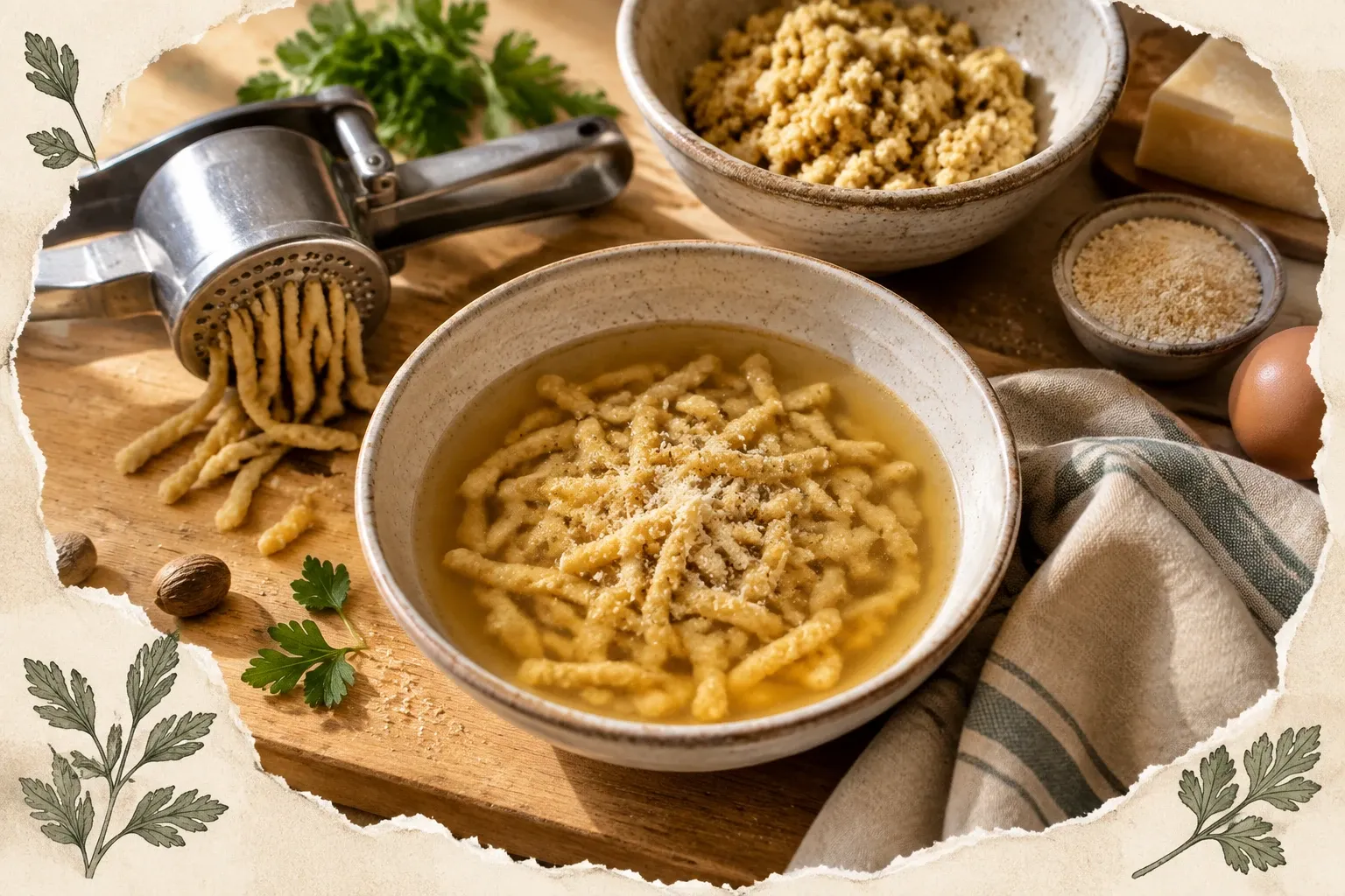 Ciotola di passatelli in brodo con schiacciapatate e impasto sul tagliere