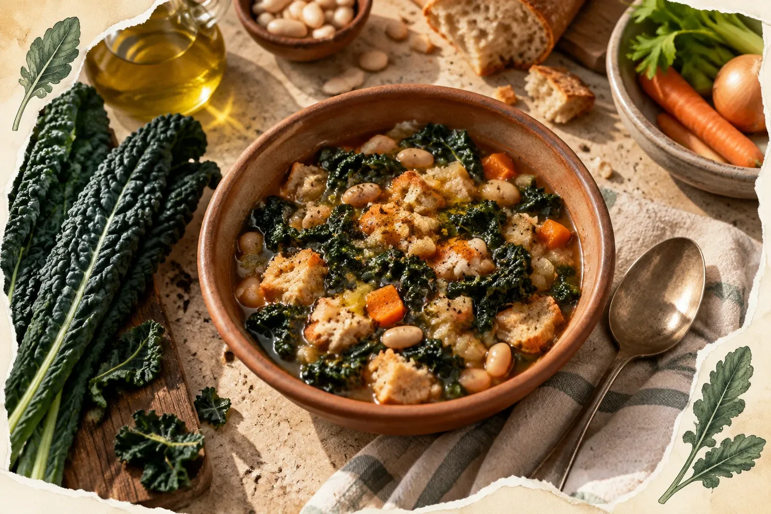 Zuppa di cavolo nero con fagioli, crostini e verdure su tavola rustica