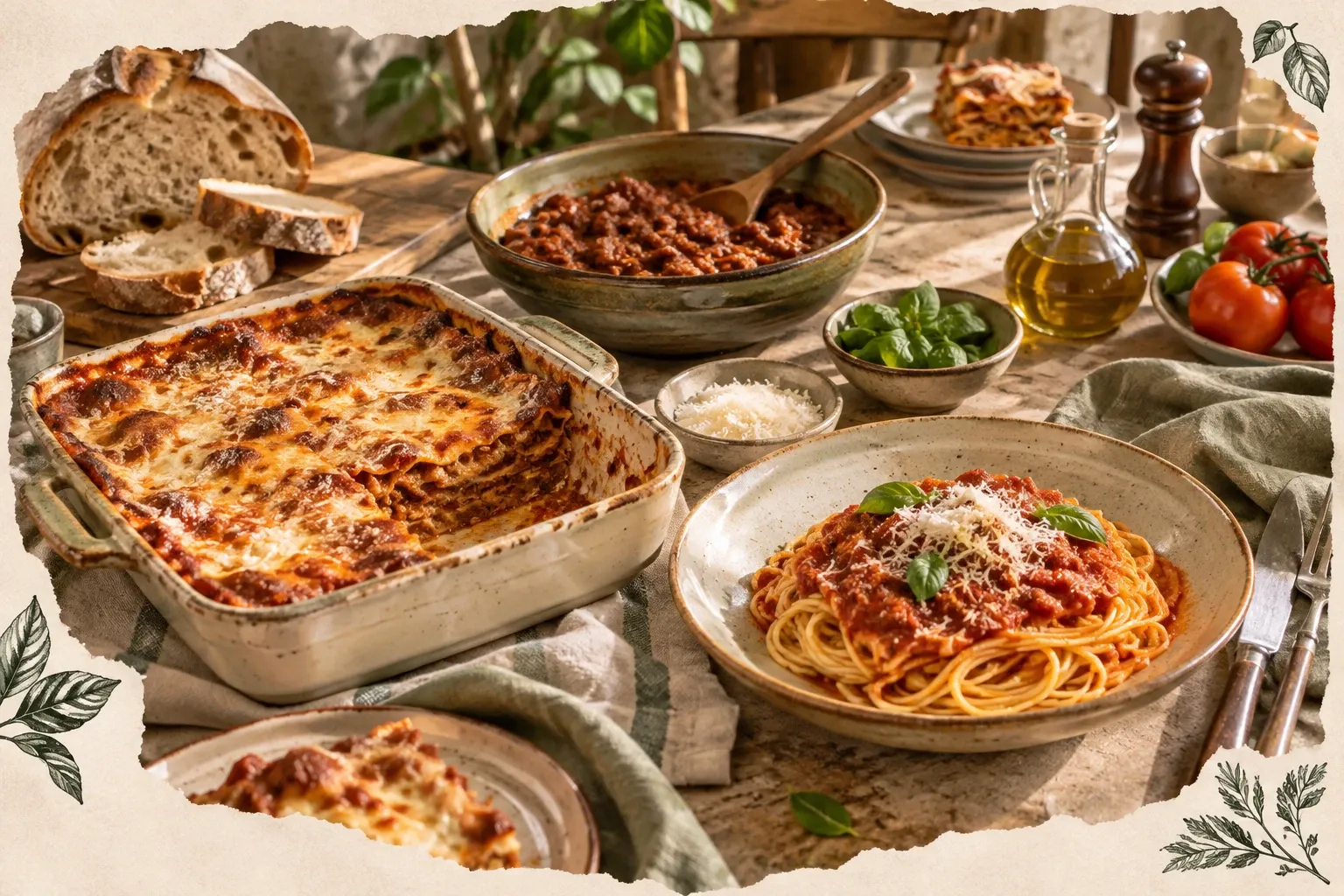 Teglia di lasagne, piatto di spaghetti al ragù e ciotole con sugo e basilico