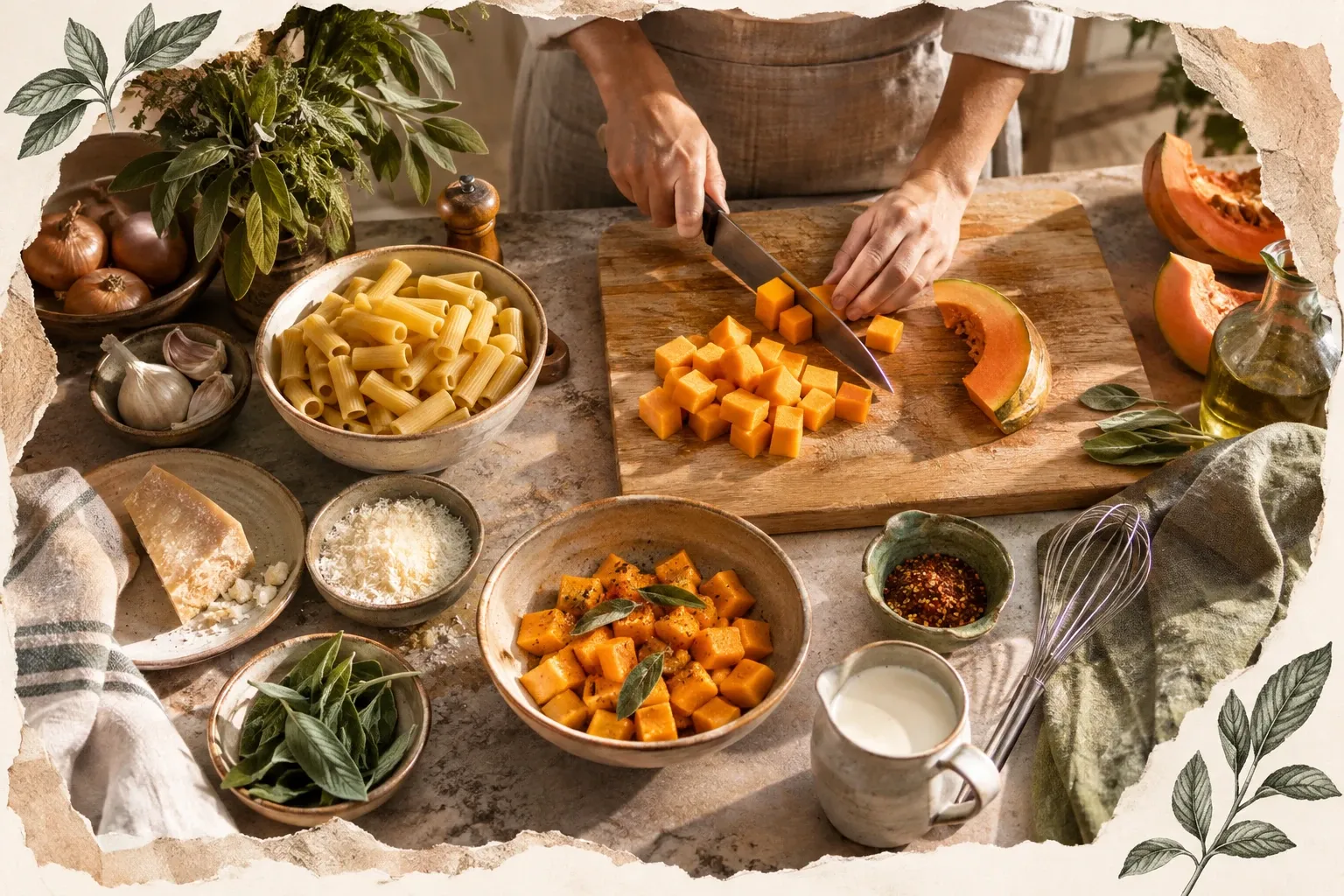 Mani che tagliano zucca a cubetti su tagliere, pasta, formaggio e aromi intorno